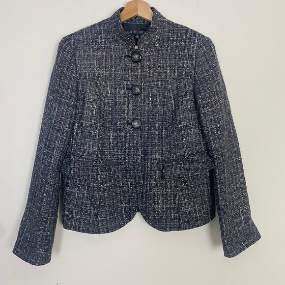 Lafayette 148 New York Gray Tweed Wool Blend Button-Down Mock Neck Jacket Size 4 - Picture 4 of 10